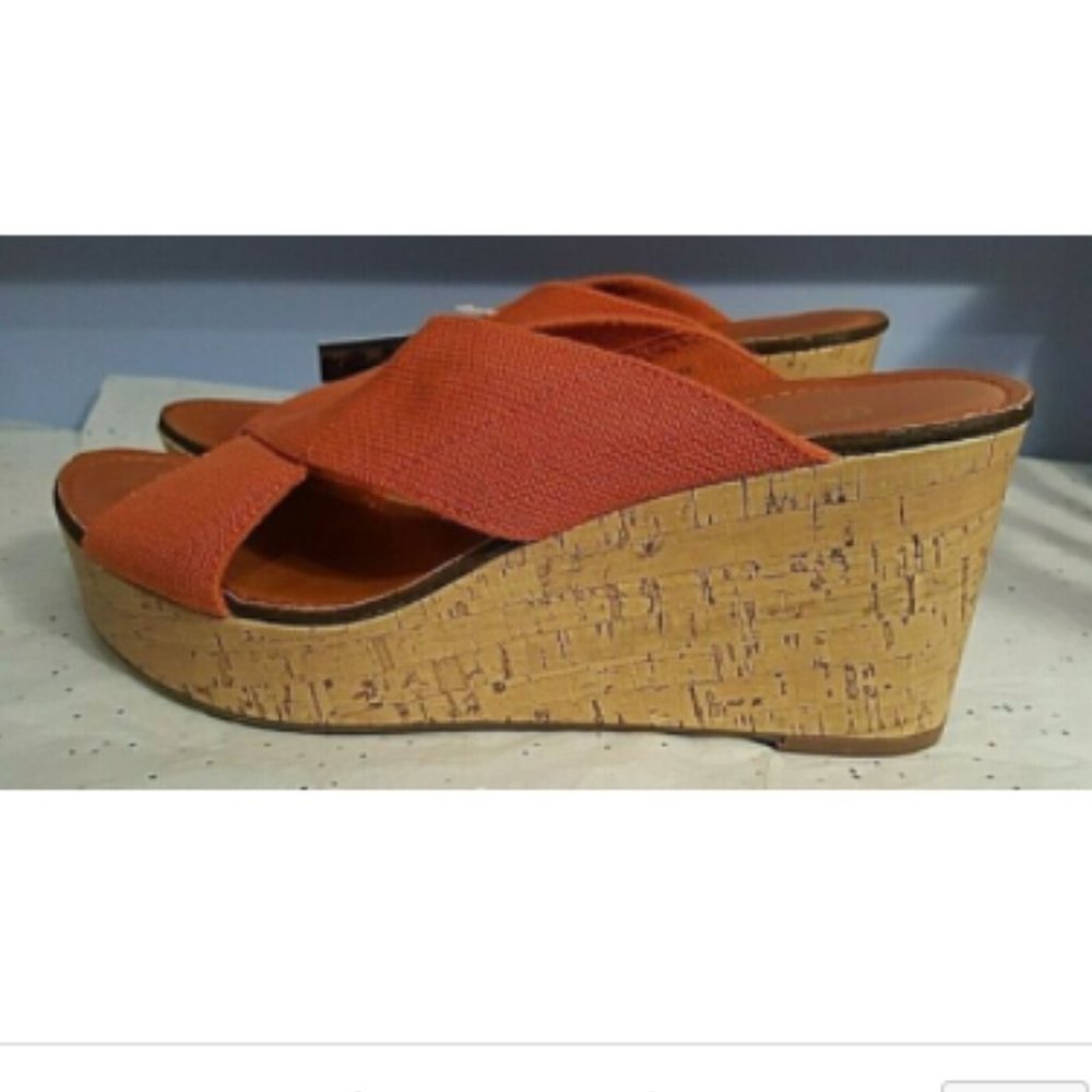 Burnt Orange Criss Cross Strap Wedge Cork Sandals